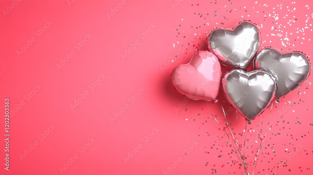 Poster pink and silver heart shaped balloons floating on a coral background with glitter create a festive a