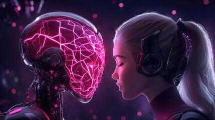 Naklejka premium Futuristic encounter human and robot connection digital art neon environment close-up view technological evolution