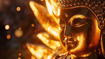 Thai golden buddha statue with radiant lotus petals under glowing celestial skies