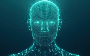 Abstract digital human head with polygonal lines and glowing dots on a blue background, an AI concept illustration for artificial intelligence technology design Generative AI