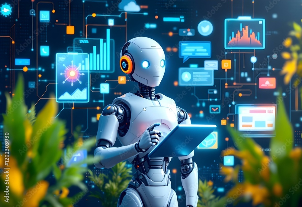 Poster modern robot working with digital charts and graphs in futuristic office environment. ai technology 