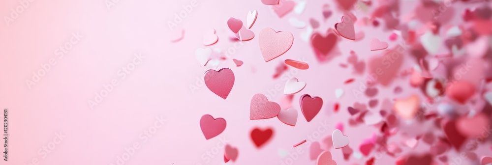 Poster many pink and red hearts of different sizes are falling creating a romantic atmosphere for valentine