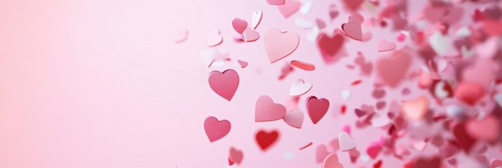 Obraz premium Many pink and red hearts of different sizes are falling creating a romantic atmosphere for valentine's day, wedding, anniversary, or mother's day, with space for text or design