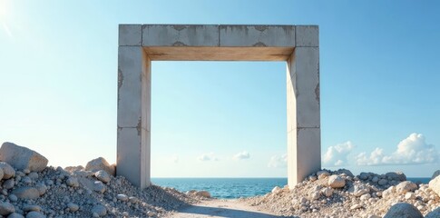 Reinforced concrete frame rising against clear sky, concrete, vertical construction, progress