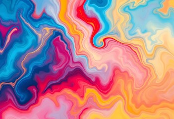 Obraz premium Colorful liquid marble texture with flowing waves. Abstract fluid art background in pink, blue, and orange colors. Modern paint swirl pattern for creative design with copy space