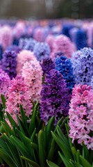 Fototapeta premium A vibrant spring garden features a stunning array of hyacinths in purple, pink, and blue hues. These colorful blooms create a beautiful floral display, capturing the essence of the season