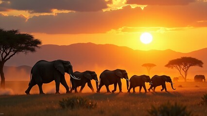 A majestic herd of elephants walking across golden African savanna plains at sunset, with warm hues, acacia trees, and distant mountains in the backdrop.