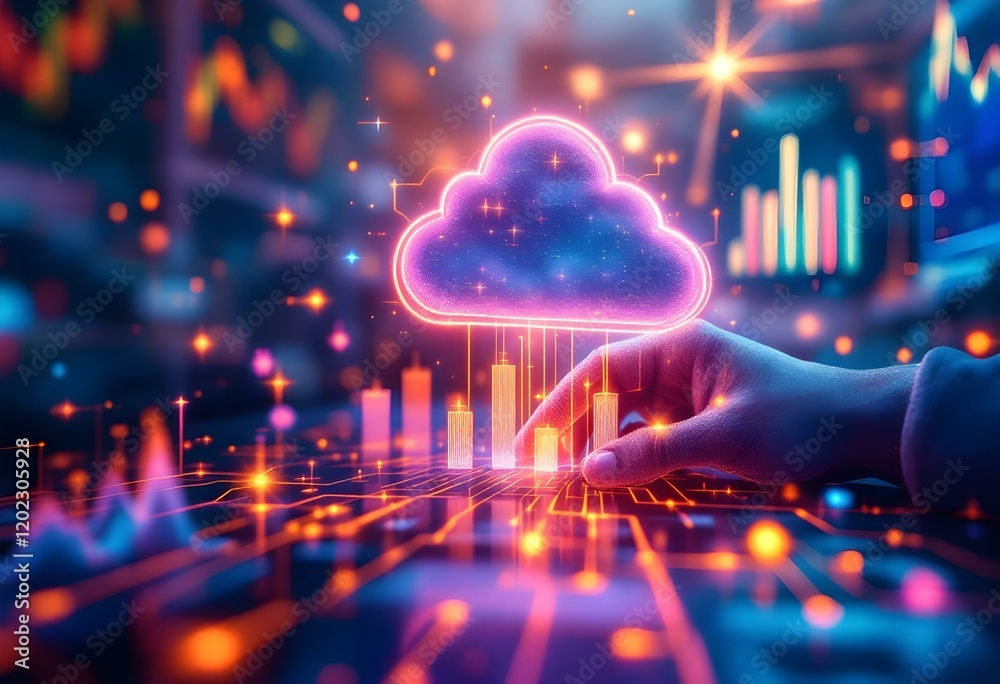 Poster glowing cloud computing symbol with rising charts and data analytics visualization. digital technolo