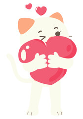 White Cute Cat Character in Valentine's Day With Love Sweet Elements Decoration