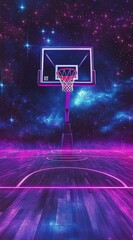 A basketball court with glowing neon lights, creating an atmosphere of energy and excitement for the game.