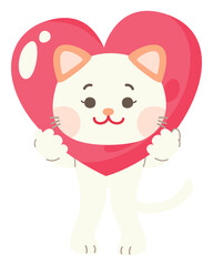 White Cute Cat Character in Valentine's Day With Love Sweet Elements Decoration
