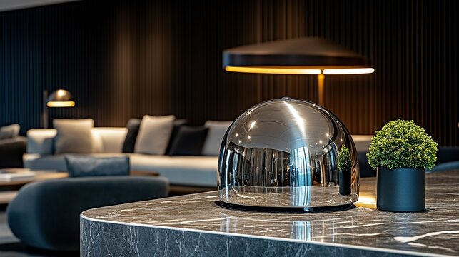 Chrome aroma diffuser on marble counter in hotel lobby lounge
