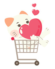 Cute Cat Character Holding Heart in Shopping Kart Valentine's Day With Love Sweet Elements Decoration