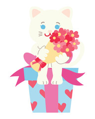 Cute Cat Character Holding Bouquet in Valentine's Day With Love Sweet Elements Decoration