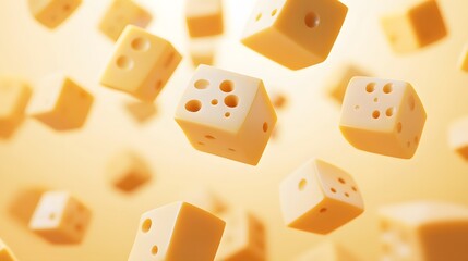 A 3D abstract rendering of floating cheese cubes and slices