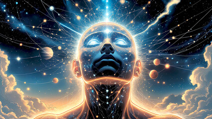 a meditating man with space background
