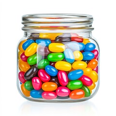A clear glass jar filled with colorful, shiny jelly beans showcases a vibrant, playful assortment, perfect for candy shop promotions, party supplies, or sweet treats for events,