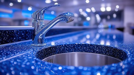 Chrome faucet on blue lab counter with blurred lights