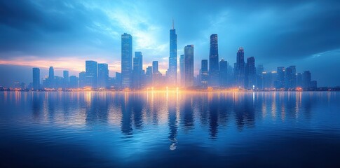 Obraz premium Modern city skyline with skyscrapers reflecting on water, symbolizing urban innovation.