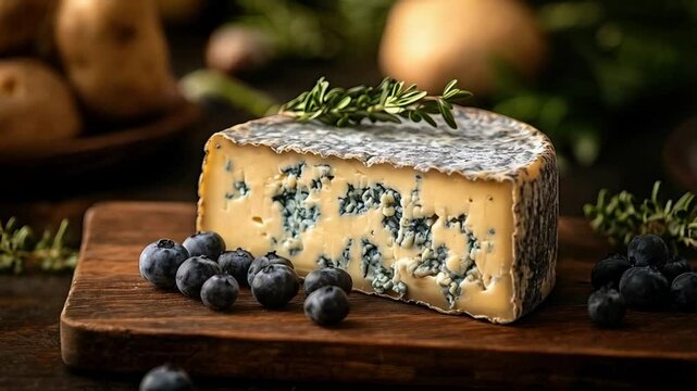 Rustic cheese platter display with blueberries and potatoes in warm lighting