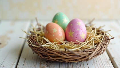 Nest with three pastel-colored Easter eggs decorated with stars and straw background