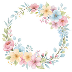 Naklejka premium Delicate Floral Wreath: A watercolor illustration of a whimsical wreath, delicately crafted from pastel pink, yellow, and blue blooms and lush green leaves.