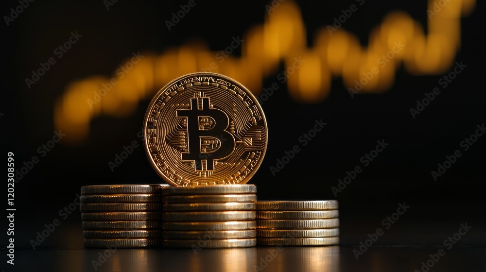 Poster Golden bitcoin standing on stacks of coins with a growing graph in the background, representing successful investment and growth in cryptocurrency market