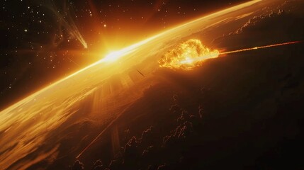 Meteor Shower Crossing Fiery Space Scene