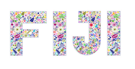 Fiji decorated text with 100 pus elements inside it