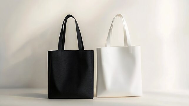 Black and white tote bag mockup on a light background