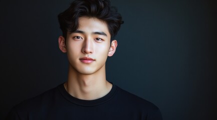 Naklejka premium Portrait of an Asian male college student, wearing a black short-sleeved shirt and facing the camera head-on with a symmetrical composition