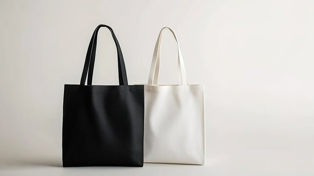 Black and white tote bag mockup on a light background