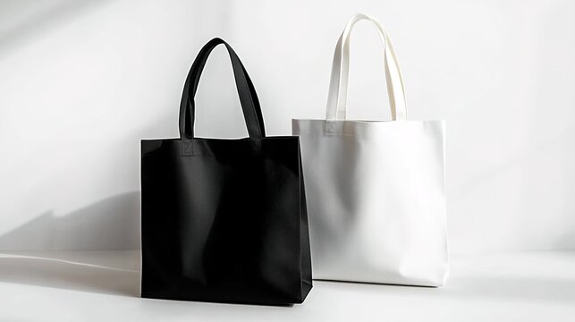 Black and white tote bag mockup on a light background