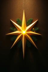 Obraz premium A gold star with a christmas tree branch on a brown wall