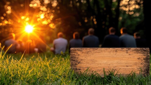Sunset friends gathering park grass wooden sign.  Website banner