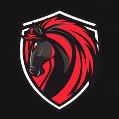 Fiery black stallion head within shield; gaming mascot