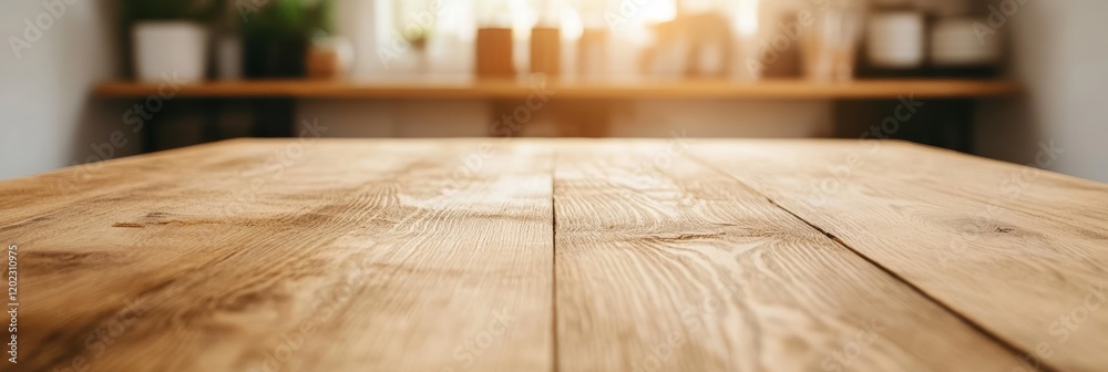 Poster Warm sunlight illuminates an empty wooden table in a modern kitchen, creating a perfect setting for displaying products or culinary creations with a blurred background