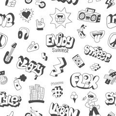 Summer city lifestyle graffiti doodle characters objects sign and symbols seamless pattern , funny vector background for kids
