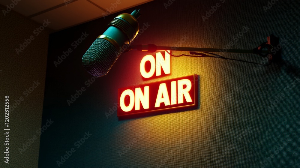 Poster professional microphone recording audio in a radio station with an on air sign illuminated, creating