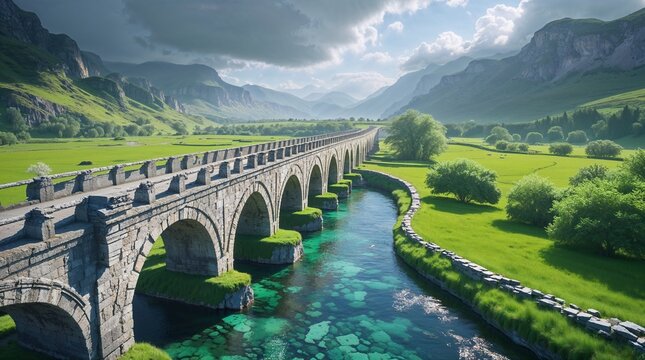 Picturesque stone arch bridge spanning a pristine river in a lush green valley surrounded by majestic mountains.