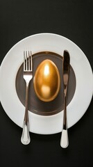 Black plate adorned with a golden egg and cutlery creates a sophisticated Easter table setting. The flat lay design showcases minimalistic elegance and sharp focus, perfect for festive dining