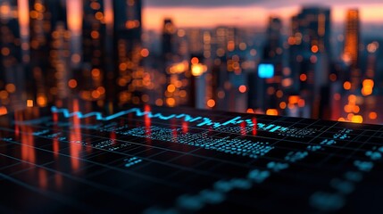 City skyline at dusk with financial data chart displayed on a screen