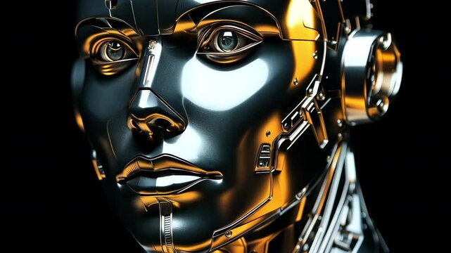 On a black background, a futuristic metallic humanoid face