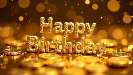 Golden inscription Happy Birthday with gold coins.