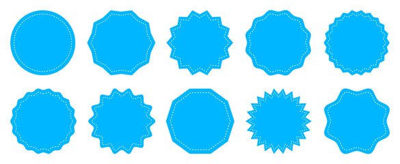 Collection circle postage stamps. Round stamp sticker vector icon set in blue color. Price sticker set, sale or discount sticker. Circle template for logotype, stickers and business sign symbol.