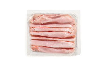 prosciutto, cooked ham sliced in a package cut out on a white background. Top view. packaging...