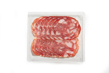 salami sliced in a package cut out on a white background. Top view. packaging template mockup collection