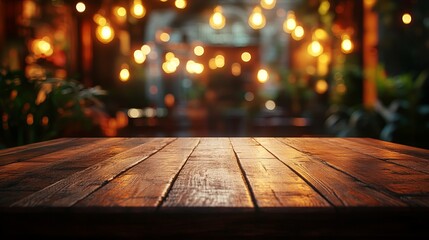 Rustic Wooden Tabletop at Night with Bokeh Lights Background