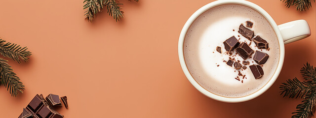Cup of hot chocolate with foam and chocolate on muted orange background. Top view banner with copy space. Image for menu and cafe advertisement.