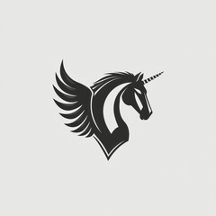 Obraz premium Winged unicorn head in monochrome on plain background, for fantasy or myth designs